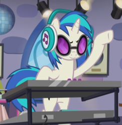 Size: 810x833 | Tagged: safe, screencap, dj pon-3, vinyl scratch, pony, g4, slice of life (episode), bipedal, confident, cropped, female, headphones, mare, smiling, solo, turntable
