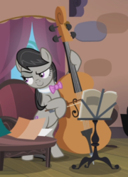 Size: 525x729 | Tagged: safe, screencap, octavia melody, earth pony, pony, g4, slice of life (episode), bipedal, cello, confident, cropped, female, mare, musical instrument, playing instrument, raised eyebrow, smiling, smirk, smug, solo