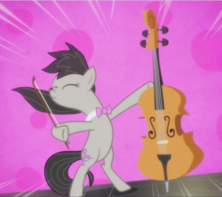 Size: 1057x940 | Tagged: safe, screencap, octavia melody, earth pony, pony, g4, slice of life (episode), bipedal, bow (instrument), cello, cropped, eyes closed, female, mare, musical instrument, solo, windswept mane