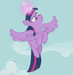 Size: 881x912 | Tagged: safe, screencap, twilight sparkle, alicorn, pony, g4, slice of life (episode), cropped, female, flying, glowing horn, horn, mare, solo, spread wings, twilight sparkle (alicorn), wings
