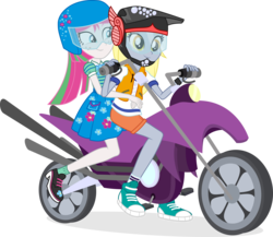 Size: 5470x4756 | Tagged: safe, artist:punzil504, blossomforth, derpy hooves, equestria girls, equestria girls series, fomo, g4, spoiler:eqg series (season 2), absurd resolution, clothes, clothes swap, converse, equestria girls-ified, freckles, helmet, motorcross, motorcycle, shoes, shorts, simple background, skirt, smiling, socks, transparent background, vector
