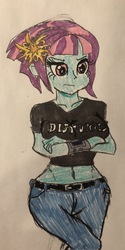 Size: 1536x3072 | Tagged: safe, artist:austin624fan, sunny flare, equestria girls, g4, belly button, belt, breasts, clothes, crossed arms, disturbed (band), female, jeans, midriff, pants, shirt, solo, traditional art