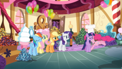 Size: 1280x720 | Tagged: safe, screencap, applejack, fluttershy, pinkie pie, rainbow dash, rarity, twilight sparkle, alicorn, pony, g4, maud pie (episode), my little pony: friendship is magic, female, mane six, mid-blink screencap, out of context, rock candy, sugarcube corner, twilight sparkle (alicorn)