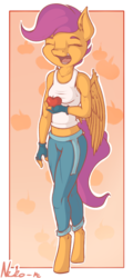 Size: 577x1200 | Tagged: safe, artist:neko-me, scootaloo, pegasus, anthro, unguligrade anthro, apple bloomers, g4, apple, breasts, busty scootaloo, clothes, eyes closed, female, fingerless gloves, food, gloves, mare, midriff, older, open mouth, pants, solo, tank top
