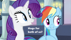 Size: 1280x720 | Tagged: safe, edit, edited screencap, screencap, rainbow dash, rarity, a canterlot wedding, g4, season 2, bronybait, candle, canterlot castle, cute, dashabetes, hug, hug request, pillar, raribetes, text, window