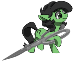 Size: 515x434 | Tagged: safe, artist:lockhe4rt, oc, oc only, oc:filly anon, earth pony, pony, carrying, female, filly, pulling, question mark, scissors, simple background, smiling, tiny, tiny ponies, transparent background, walking