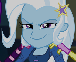 Size: 1314x1077 | Tagged: safe, screencap, adagio dazzle, aria blaze, trixie, equestria girls, g4, my little pony equestria girls: rainbow rocks, adorabolical, cropped, cute, diatrixes, evil grin, female, grin, lidded eyes, looking at you, offscreen character, smiling, solo focus