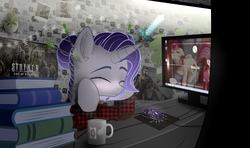 Size: 2500x1484 | Tagged: safe, artist:radioaxi, roseluck, oc, oc:moonsonat, dog, pony, unicorn, g4, book, clothes, computer, computer mouse, cup, diamond sword, eyes closed, female, half-life, mare, minecraft, photo, poster, room, shirt, solo, stalker, sword, weapon