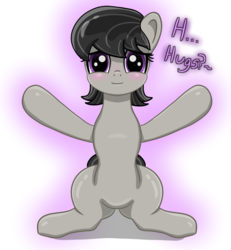 Size: 2620x2840 | Tagged: safe, artist:undisputed, octavia melody, earth pony, pony, g4, alternate hairstyle, aura, blushing, bronybait, cute, dialogue, drawthread, female, high res, hooves up, hug request, hugs needed, lidded eyes, looking at you, mare, open arms, shy, simple background, sitting, smiling, solo, starry eyes, stuttering, tavibetes, text, white background, wingding eyes