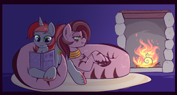 Size: 1136x615 | Tagged: safe, artist:lulubell, oc, oc only, oc:fade, oc:xolani, lamia, original species, pony, unicorn, zebra, cuddling, female, fireplace, mare, reading