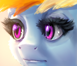 Size: 383x329 | Tagged: safe, anonymous artist, rainbow dash, pony, g4, big eyelashes, bust, eye, eyes, female, low res image, portrait, realistic, solo, uncanny valley