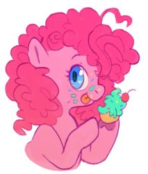 Size: 800x940 | Tagged: safe, artist:blynxee, pinkie pie, earth pony, pony, g4, bust, cupcake, cute, diapinkes, eating, female, food, heart, heart eyes, hoof heart, looking at you, messy eating, profile, simple background, solo, tongue out, white background, wingding eyes
