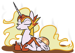 Size: 734x526 | Tagged: safe, artist:jargon scott, daybreaker, alicorn, pony, g4, eyes closed, female, hoof shoes, jewelry, mane of fire, mare, prone, regalia, simple background, solo, white background