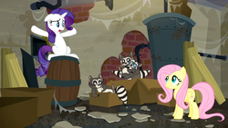 Size: 1920x1080 | Tagged: safe, screencap, fluttershy, rarity, smoky, smoky jr., softpad, pony, raccoon, g4, the saddle row review, baby, barrel, box, cardboard box, disturbed, family, father, father and son, female, floppy ears, like father like son, like mother like son, like parent like child, male, mare, messy, mother, mother and son, smiling, son