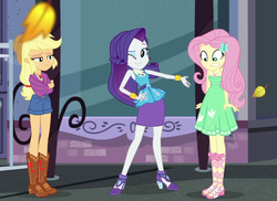 Size: 1480x1079 | Tagged: safe, screencap, applejack, fluttershy, rarity, equestria girls, g4, my little pony equestria girls: better together, street chic, autumn leaves, bare shoulders, boots, bracelet, clothes, cowboy boots, cropped, feet, female, fluttercold, geode of fauna, geode of shielding, geode of super strength, high heels, jewelry, leaves, legs, magical geodes, one eye closed, rarity peplum dress, sandals, shoes, shorts, skirt, sleeveless, smiling, strapless, summer dress, trio, wink