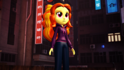 Size: 1920x1080 | Tagged: safe, artist:razethebeast, adagio dazzle, equestria girls, g4, 3d, building, city, clothes, female, gem, hoodie, pants, siren gem, solo, source filmmaker