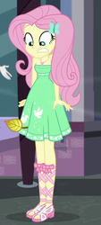 Size: 429x945 | Tagged: safe, screencap, fluttershy, rarity, human, equestria girls, g4, my little pony equestria girls: better together, street chic, bare shoulders, clothes, cropped, dress, feet, female, fluttershy is not amused, geode of fauna, gritted teeth, legs, magical geodes, offscreen character, sandals, sleeveless, solo focus, strapless, summer dress, teeth, unamused
