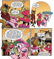 Size: 842x925 | Tagged: safe, artist:andypriceart, idw, official comic, big macintosh, capper dapperpaws, cha cha, pinkie pie, abyssinian, earth pony, pony, anthro, digitigrade anthro, g4, my little pony: the movie, spoiler:comic, spoiler:comic76, anthro with ponies, comic, female, gasp, inhaling, klugetown, male, mare, speech bubble, stallion