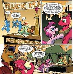 Size: 821x838 | Tagged: safe, artist:andypriceart, idw, official comic, big macintosh, capper dapperpaws, pinkie pie, abyssinian, earth pony, pony, g4, my little pony: the movie, spoiler:comic, spoiler:comic76, chest fluff, comic, facehoof, female, klugetown, male, mare, speech bubble, stallion, trophy, unnamed character, unnamed klugetowner