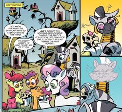 Size: 836x766 | Tagged: safe, artist:andypriceart, idw, official comic, apple bloom, scootaloo, sweetie belle, zecora, earth pony, pegasus, pony, unicorn, zebra, g4, spoiler:comic, spoiler:comic76, comic, cutie mark crusaders, ear piercing, earring, female, filly, foal, griffonstone, jewelry, mare, neck rings, piercing, speech bubble, thimble