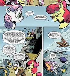 Size: 836x911 | Tagged: safe, artist:andy price, idw, official comic, apple bloom, scootaloo, sweetie belle, zecora, earth pony, griffon, pegasus, pony, unicorn, g4, spoiler:comic, spoiler:comic76, airship, comic, cutie mark crusaders, female, filly, flying, foal, griffonstone, ponies riding griffons, riding, speech bubble, unnamed character, unnamed griffon