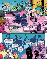 Size: 845x1066 | Tagged: safe, artist:andypriceart, idw, official comic, apple bloom, capper dapperpaws, cosmos, pinkie pie, princess celestia, princess luna, scootaloo, sweetie belle, twilight sparkle, alicorn, earth pony, pegasus, pony, unicorn, g4, my little pony: the movie, spoiler:comic, spoiler:comic76, chaos, comic, corrupted celestia, corrupted twilight sparkle, cutie mark crusaders, female, filly, foal, mare, possessed, speech bubble, twilight sparkle (alicorn)
