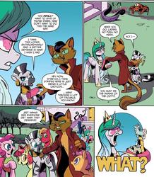 Size: 849x973 | Tagged: safe, artist:andy price, idw, official comic, apple bloom, big macintosh, capper dapperpaws, cosmos, princess celestia, scootaloo, sweetie belle, zecora, abyssinian, earth pony, pegasus, pony, zebra, anthro, digitigrade anthro, g4, my little pony: the movie, spoiler:comic, spoiler:comic76, anthro with ponies, chest fluff, clothes, coat, comic, corrupted celestia, cutie mark crusaders, female, filly, foal, male, mare, possessed, sleight of hand, speech bubble, stallion, thimble