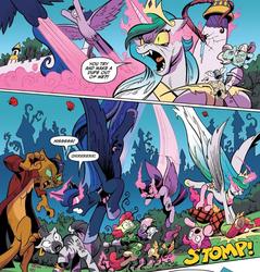 Size: 848x886 | Tagged: safe, artist:andypriceart, apple bloom, big macintosh, capper dapperpaws, cosmos (character), pinkie pie, princess celestia, princess luna, scootaloo, sweetie belle, twilight sparkle, zecora, abyssinian, alicorn, earth pony, pegasus, pony, unicorn, zebra, digitigrade anthro, idw, my little pony: the movie, spoiler:comic, spoiler:comic76, abyssinians doing cat things, angry, comic, corrupted celestia, corrupted twilight sparkle, cutie mark crusaders, faic, fangs, female, fight, filly, foal, hissing, hoers, mare, nightmare face, official comic, possessed, sombra eyes, sound effects, speech bubble, tentacles, the nightmare before christmas, twilight sparkle (alicorn), vine