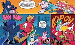 Size: 1288x777 | Tagged: safe, artist:andypriceart, idw, official comic, big macintosh, cosmos, pinkie pie, princess celestia, princess luna, alicorn, earth pony, pony, g4, spoiler:comic, spoiler:comic76, abuse, comic, corrupted celestia, corrupted twilight sparkle, cosmomac, female, fight, kiss on the lips, kissing, knock out, macabuse, male, mare, pinkiebuse, possessed, punch, ship:lunamac, shipping, speech bubble, stallion, straight