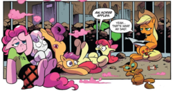 Size: 800x428 | Tagged: safe, artist:andy price, idw, official comic, apple bloom, applejack, capper dapperpaws, pinkie pie, scootaloo, sweetie belle, cat, earth pony, pegasus, pony, unicorn, g4, my little pony: the movie, spoiler:comic, spoiler:comic76, apple, apple core, ass up, butt, butt tail, clothes, cutie mark crusaders, female, filly, foal, food, hoof on head, horse apples, i've seen some shit, jail, kilt, legs in air, male, mare, mismatched eyes, plot, shrunken pupils, sitting, speech bubble, underhoof, younger