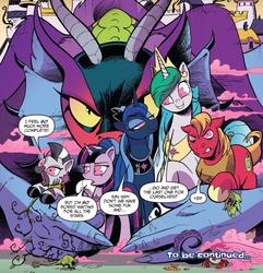 Size: 843x875 | Tagged: safe, artist:andy price, idw, official comic, big macintosh, cosmos, princess celestia, princess luna, twilight sparkle, zecora, alicorn, earth pony, pony, zebra, g4, spoiler:comic, spoiler:comic76, corrupted celestia, corrupted twilight sparkle, female, hive mind, male, mare, possessed, speech bubble, stallion, to be continued, twilight sparkle (alicorn), we're all doomed