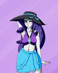 Size: 2000x2500 | Tagged: safe, artist:albertbm, rarity, equestria girls, equestria girls specials, g4, my little pony equestria girls: better together, my little pony equestria girls: forgotten friendship, arm behind head, armpits, belly button, clothes, female, hat, high res, looking at you, midriff, one eye closed, open mouth, sarong, solo, sun hat, swimsuit, wink