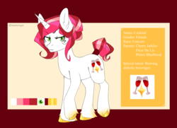 Size: 1261x913 | Tagged: safe, artist:gr0ttie, oc, oc only, oc:cocktail, pony, unicorn, colored hooves, female, mare, offspring, parent:cherry jubilee, parent:fleur-de-lis, parent:prince blueblood, parents:bluebilee, reference sheet, solo, sperm donor, unshorn fetlocks