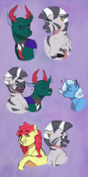 Size: 2000x4026 | Tagged: safe, artist:elf-hollow, apple bloom, pharynx, trixie, zecora, changedling, changeling, pony, g4, colored sketch, female, male, prince pharynx, shipping, sketch, sketch dump, straight, zecorynx