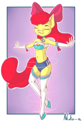 Size: 809x1200 | Tagged: safe, artist:neko-me, apple bloom, earth pony, anthro, unguligrade anthro, apple bloomers, g4, abstract background, armpits, balancing, bandeau, belly button, bow, breasts, busty apple bloom, clothes, eyes closed, female, gloves, hair bow, long gloves, midriff, older, shorts, solo, stockings, thigh highs