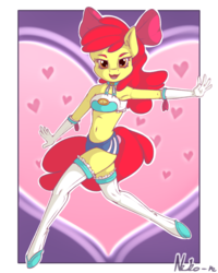 Size: 901x1125 | Tagged: safe, artist:neko-me, apple bloom, earth pony, anthro, unguligrade anthro, apple bloomers, g4, abstract background, action pose, armpits, bandeau, belly button, bow, breasts, busty apple bloom, clothes, female, gloves, hair bow, heart, long gloves, looking at you, midriff, older, open mouth, shorts, solo, stockings, thigh highs