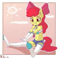 Size: 1200x1200 | Tagged: safe, artist:neko-me, apple bloom, earth pony, anthro, unguligrade anthro, apple bloomers, g4, bandeau, belly button, bow, breasts, busty apple bloom, clothes, female, gloves, hair bow, long gloves, midriff, older, shorts, solo, stockings, stretching, thigh highs, underhoof