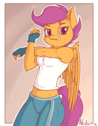 Size: 937x1200 | Tagged: safe, artist:neko-me, scootaloo, pegasus, anthro, apple bloomers, g4, abstract background, belly button, breasts, busty scootaloo, clothes, female, fingerless gloves, fit, gloves, grin, looking at you, midriff, older, pants, shirt, slender, smiling, solo, stretching, tank top, thin