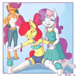 Size: 1200x1200 | Tagged: safe, artist:neko-me, apple bloom, scootaloo, sweetie belle, earth pony, pegasus, unicorn, anthro, unguligrade anthro, apple bloomers, g4, abstract background, bandeau, belly button, bow, breasts, busty apple bloom, busty scootaloo, busty sweetie belle, clothes, cutie mark crusaders, dress, eyes closed, facepalm, female, fingerless gloves, gloves, hair bow, kneeling, long gloves, midriff, older, older apple bloom, older scootaloo, older sweetie belle, pants, shirt, shorts, stockings, stretching, thigh highs, underhoof