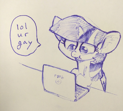 Size: 2000x1810 | Tagged: safe, anonymous artist, twilight sparkle, alicorn, pony, g4, :t, chibi, computer, cute, dexterous hooves, dialogue, ear fluff, female, laptop computer, lol, mare, open mouth, pomf, pone, shitposting, sitting, smiling, solo, speech bubble, traditional art, twiabetes, twilight sparkle (alicorn), ur gay