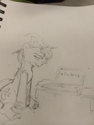 Size: 3024x4032 | Tagged: artist needed, safe, trixie, pony, unicorn, g4, /mlp/, computer, female, hat, implying, laptop computer, mare, monochrome, shitposting, simple background, sitting, solo, traditional art