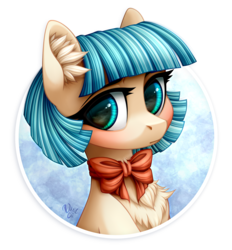 Size: 2150x2315 | Tagged: dead source, safe, artist:vird-gi, coco pommel, earth pony, pony, g4, blushing, bow, chest fluff, female, high res, looking at you, mare, solo