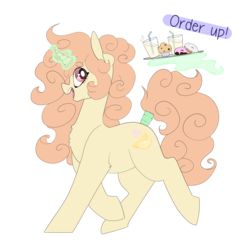 Size: 3000x3000 | Tagged: safe, artist:liefsong, oc, oc:lemon soda, pony, unicorn, donut, food, high res, juice, lemonade, muffin, trotting, waitress