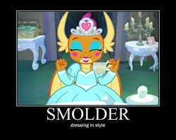 Size: 750x600 | Tagged: safe, edit, edited screencap, screencap, smolder, g4, what lies beneath, clothes, cup, cute, dress, lipstick, makeup, motivational poster, princess smolder, puffy sleeves, rouge, smolder also dresses in style, smolderbetes, teacup