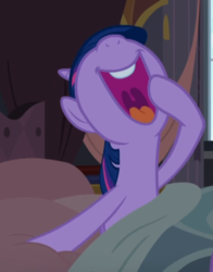 Size: 550x703 | Tagged: safe, screencap, twilight sparkle, alicorn, pony, g4, princess spike, bed, cropped, cute, female, mare, mawshot, nose in the air, open mouth, solo, twiabetes, twilight sparkle (alicorn), uvula, waking up, yawn