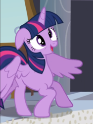 Size: 522x695 | Tagged: safe, screencap, twilight sparkle, alicorn, pony, g4, princess spike, cropped, cute, derp, female, floppy ears, mare, open mouth, smiling, solo, spread wings, tired, twiabetes, twilight sparkle (alicorn), wings