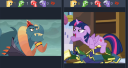 Size: 1105x591 | Tagged: safe, dragon lord torch, twilight sparkle, oc, oc:comment, oc:downvote, oc:favourite, oc:upvote, alicorn, dragon, pony, derpibooru, g4, book, book nest, bookhorse, derpibooru ponified, juxtaposition, lidded eyes, looking at each other, meta, ponified, puzzled, twilight sparkle (alicorn)