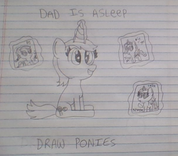 Size: 611x535 | Tagged: safe, artist:nightshadowmlp, applejack, lyra heartstrings, oc, oc:game point, oc:ola tiger, g4, applejack's hat, cowboy hat, glowing horn, hat, horn, implied drawing, implied father, lined paper, magic, mods are asleep, mods are asleep post ponies, paper, smiling, stetson, text, traditional art