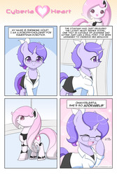 Size: 1200x1800 | Tagged: safe, artist:jdan-s, oc, oc only, oc:cyberia heart, oc:doctor violet, pony, robot, robot pony, 4koma, adorkable, bow, clothes, comic, cute, dork, glasses, lab coat, moe, ocbetes, ponytail, skirt