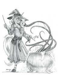 Size: 1100x1429 | Tagged: safe, artist:baron engel, trixie, unicorn, anthro, unguligrade anthro, g4, belt, body horror, cauldron, clothes, eldritch abomination, eye monster, female, grayscale, harry potter (series), hat, hogwarts, i've seen enough hentai to know where this is going, looking at you, magic wand, mare, monochrome, pencil drawing, pouch, robes, shoes, simple background, socks, spell, spell gone wrong, striped socks, tentacles, traditional art, universe, wand, white background, witch hat